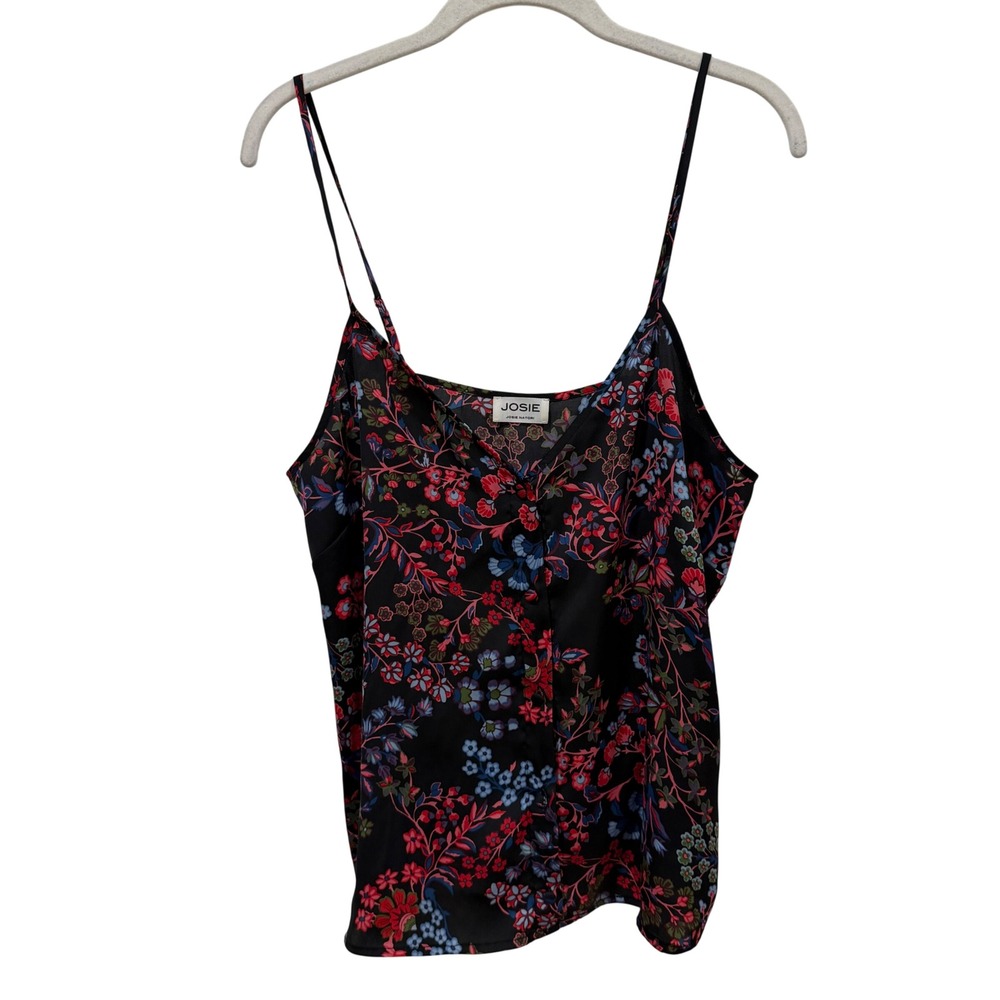 Josie Natori Floral Camisole Top‎ Black Multi Color V-Neck Adjustable Straps M